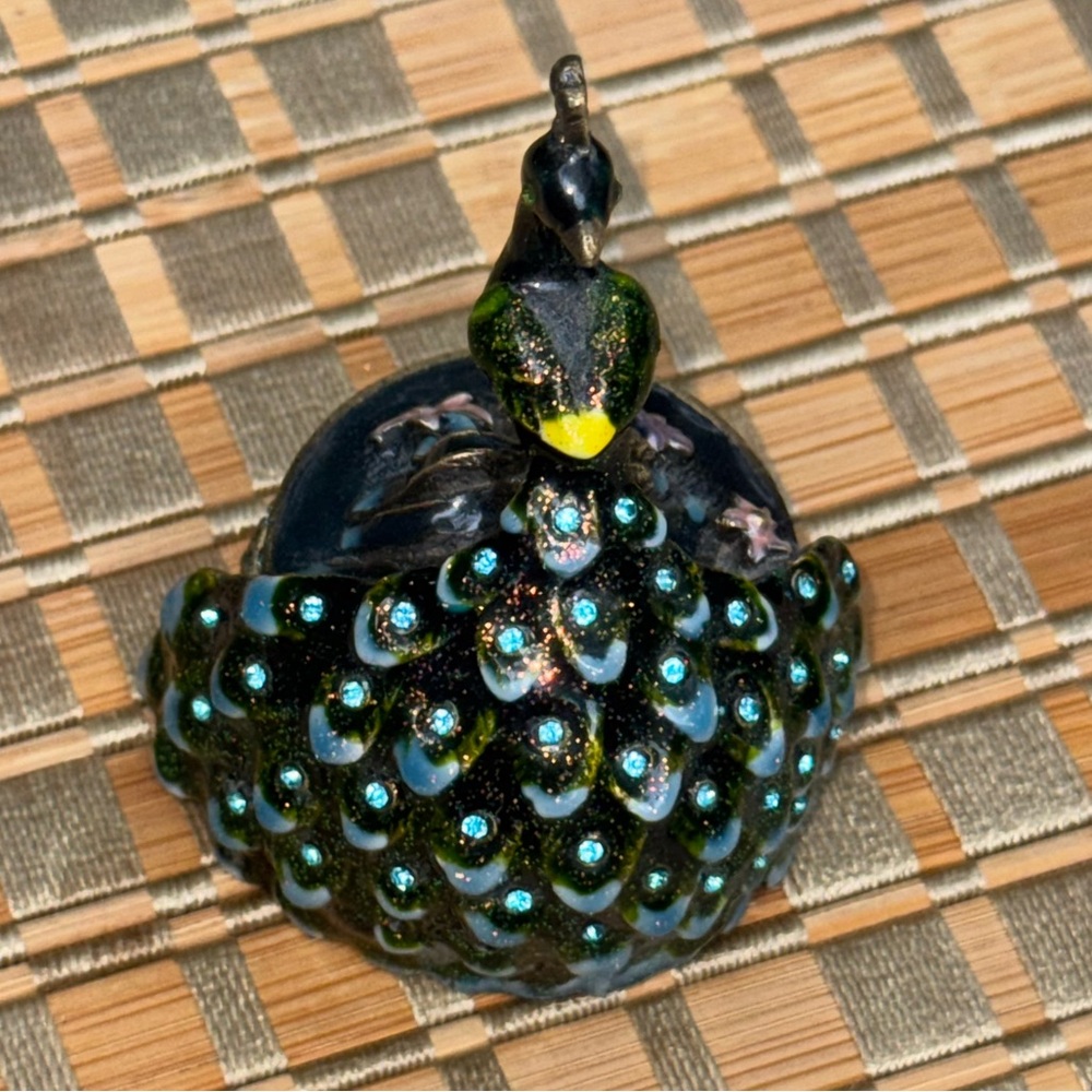 Crystal Bejeweled Blue And Green Peacock Trinket Pill Jewelry Box - Picture 2 of 16